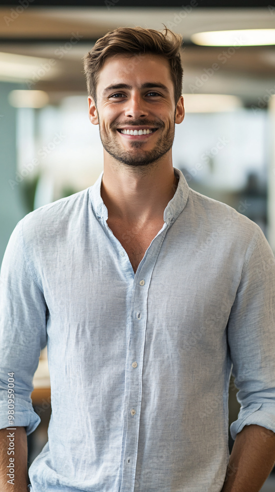 Bright-smiled young professional posing with hands in pockets in a contemporary office setting Bright-smiled young professional posing with hands in pockets in a contemporary office setting