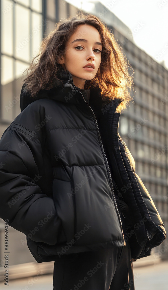 Stylish girl in black puffer jacket on the street. Stylish girl in black puffer jacket on the street.