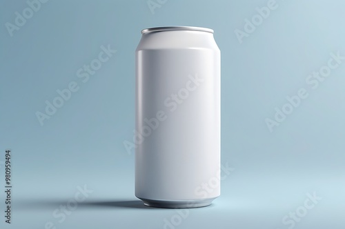 A blank white aluminum drink can, perfect for mockups isolated on a light blue background