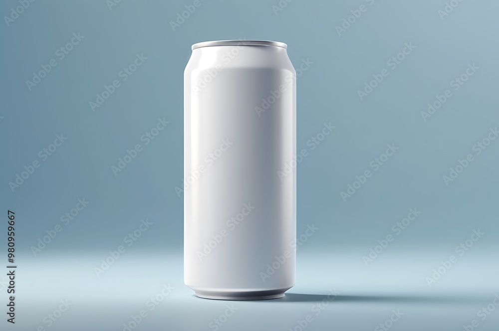 A blank white aluminum drink can, perfect for mockups isolated on a light blue background A blank white aluminum drink can, perfect for mockups isolated on a light blue background