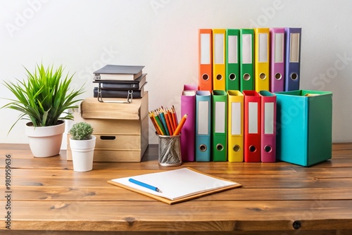 Organized office workspace featuring a stack of colorful carpetas, file folders, and office supplies arranged neatly on photo