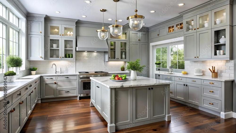 Fototapeta premium Modern kitchen cabinetry showcases soft grey paint with crisp white accents, complemented by elegant hardware that adds