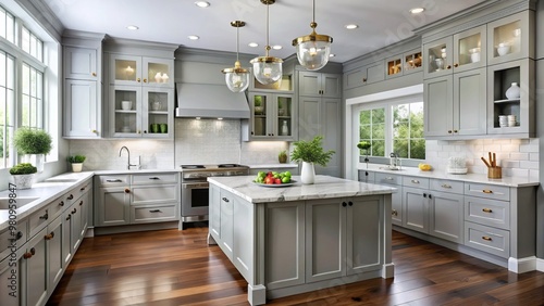 Modern kitchen cabinetry showcases soft grey paint with crisp white accents, complemented by elegant hardware that adds