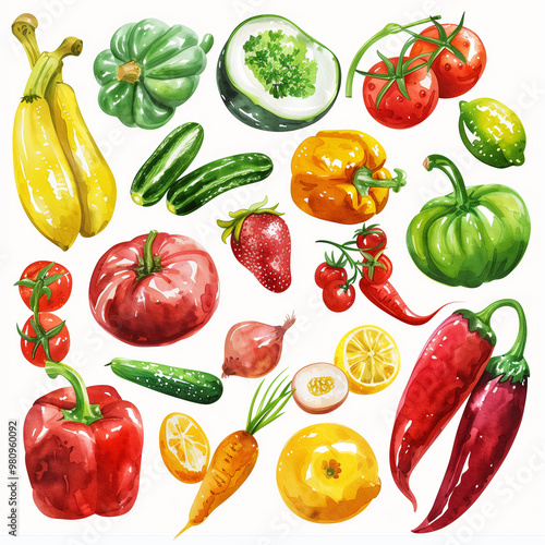 A vibrant collection of various fresh vegetables and fruits, including tomatoes, peppers, cucumbers, and lemons, illustrated with watercolor techniques.