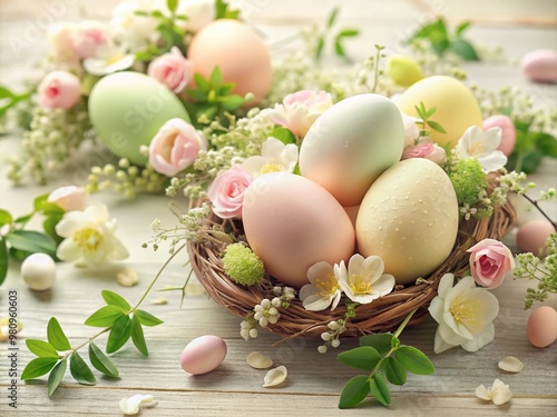 Pastel-hued Easter eggs adorned with florals and greenery delicately scattered across a soft, creamy background,