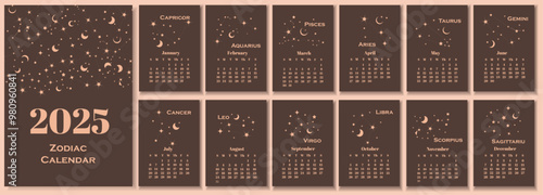 2024 calendar. Calendar concept design with constellation of the zodiac. Set of 12 calendar pages.