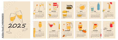 2025 calendar design with different drinks for different seasons. Hand drawn calendar planner minimal style, annual organizer.