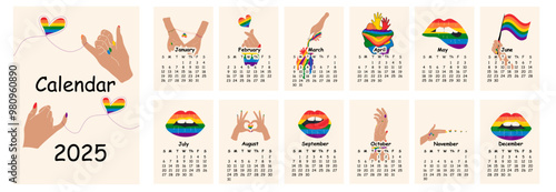 2025 calendar design with lgbt symbol. Hand drawn calendar planner annual organizer. 	