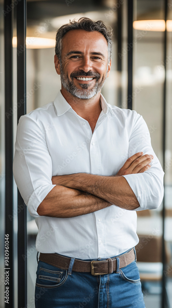Happy businessman stands with folded arms in an office building, smiling Happy businessman stands with folded arms in an office building, smiling