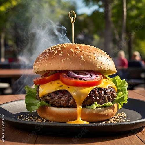 hamburger on a wooden table