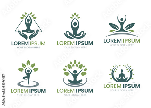 Set of Yoga Meditation Logo with Nature Elements for Wellness, Spiritual and Spa Brands