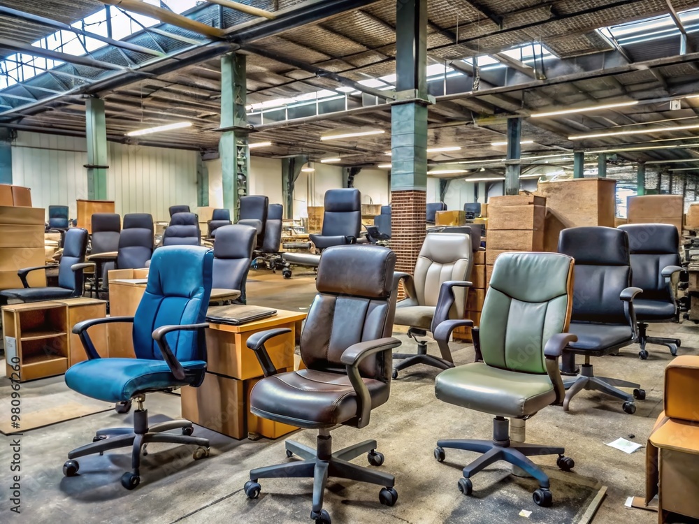 Pre-owned office chairs, desks, and filing cabinets gathered in a warehouse, awaiting refurbishment, showcasing a mix Pre-owned office chairs, desks, and filing cabinets gathered in a warehouse, awaiting refurbishment, showcasing a mix