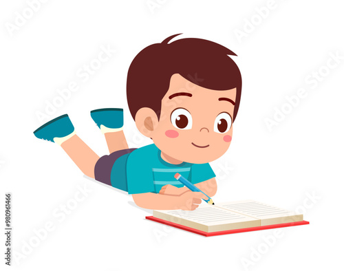 little kid writing a book while lying on stomach on the floor