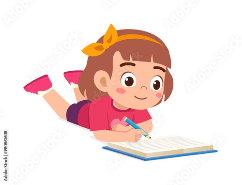 little kid writing a book while lying on stomach on the floor
