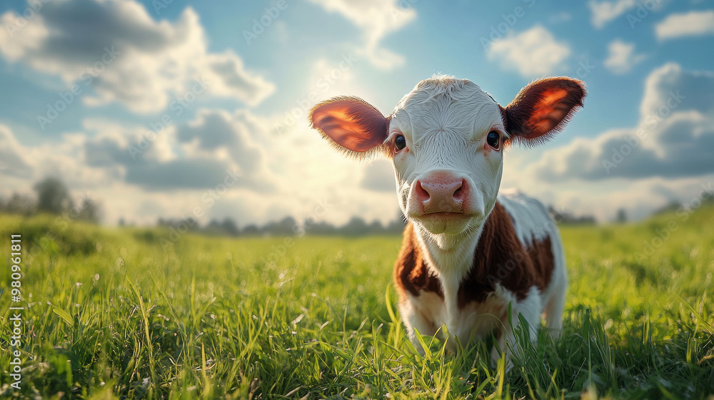 Adorable baby cow in green grass under sunny sky, showcasing its playful nature and innocence. bright background enhances joyful atmosphere of this serene farm scene Adorable baby cow in green grass under sunny sky, showcasing its playful nature and innocence. bright background enhances joyful atmosphere of this serene farm scene