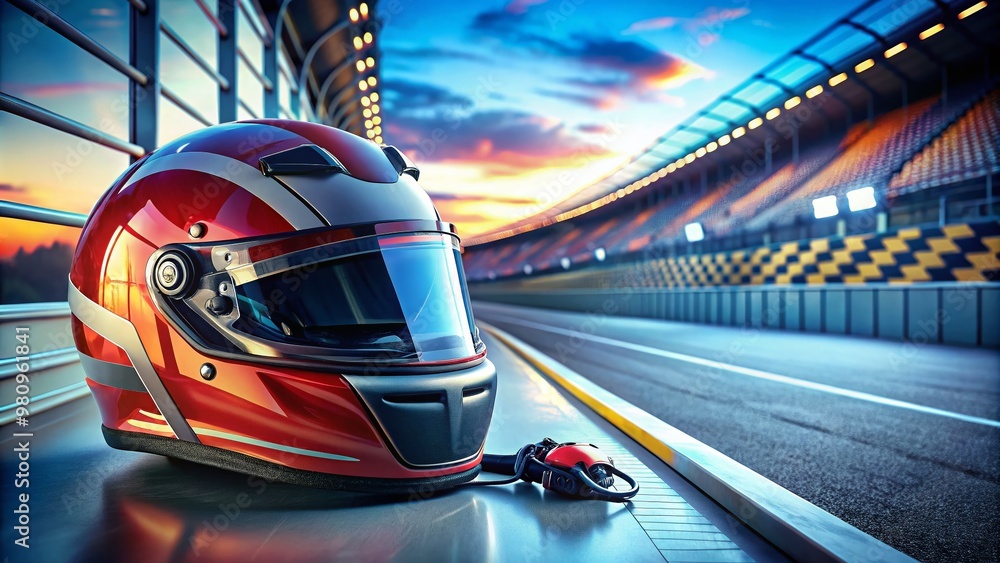Racing helmet and protective gear laid out on a pit wall, featuring a sleek, high-tech design with vibrant