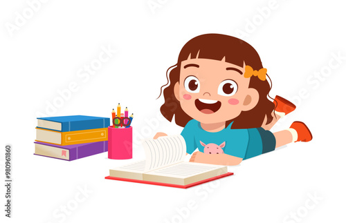 little kid reading a book while lying on stomach on the floor