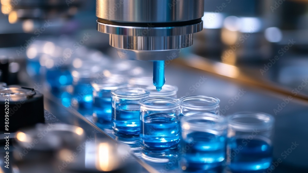Machinery fills glass containers with a blue liquid droplet under sterile conditions Machinery fills glass containers with a blue liquid droplet under sterile conditions