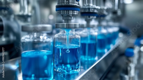 Machinery fills glass containers with a blue liquid droplet under sterile conditions