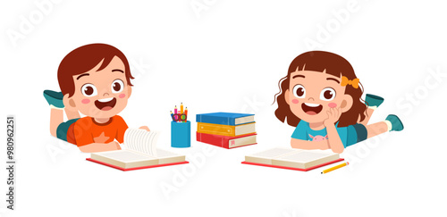 little kid reading and writing a book while lying on stomach on the floor
