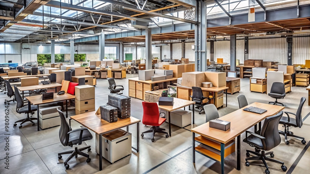 Naklejka premium Rearrangeable, eclectic mix of pre-owned office desks, chairs, and shelving units stocked in a bustling warehouse,