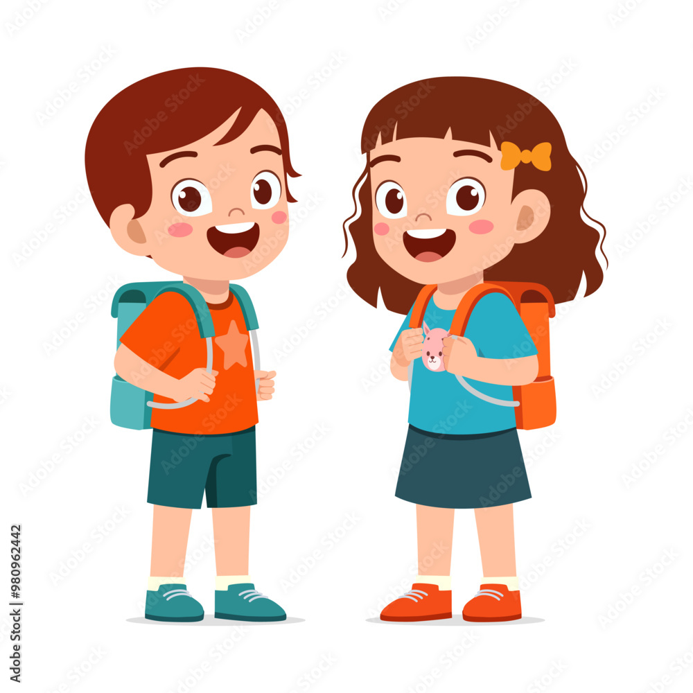 little kid wearing backpack and ready to school with friend little kid wearing backpack and ready to school with friend
