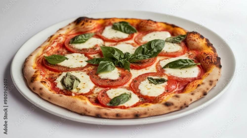 A delicious Margherita pizza topped with mozzarella, fresh tomatoes, and basil leaves, presented on a white plate with a white background for a clean, elegant look. A delicious Margherita pizza topped with mozzarella, fresh tomatoes, and basil leaves, presented on a white plate with a white background for a clean, elegant look.