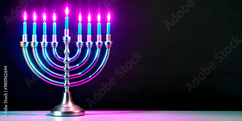 Glossy Menorah with Digital Neon Lights Glowing on Dark Background - Ideal for Modern Hanukkah Banners with Copy Space for Text and Promotions