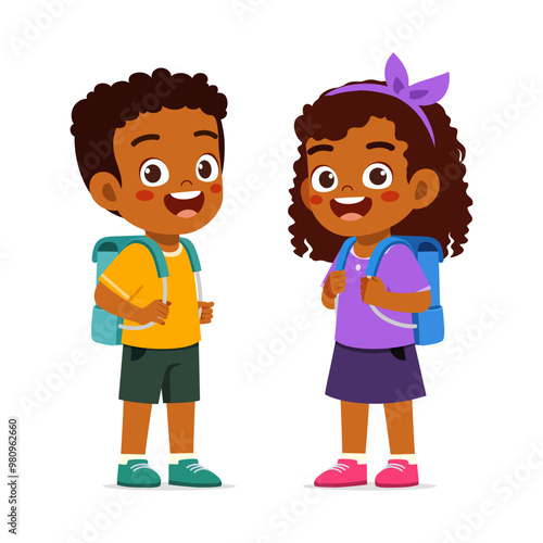 little kid wearing backpack and ready to school with friend