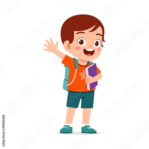 little kid wearing backpack and do waving hand