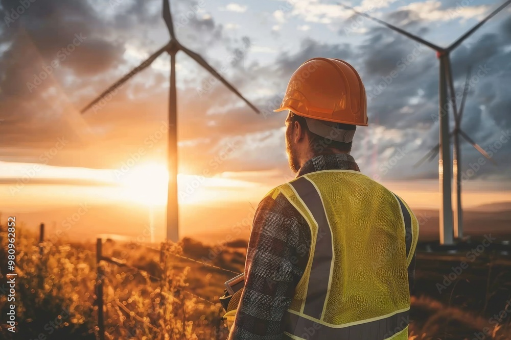 Sunset Wind Turbine Worker Sunset Wind Turbine Worker