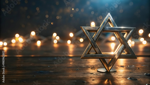 Plain Navy Blue Background with Holographic Star of David Accents and Ample Copy Space for Modern Festive Designs - Photo Stock Concept photo