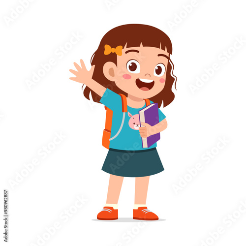 little kid wearing backpack and do waving hand