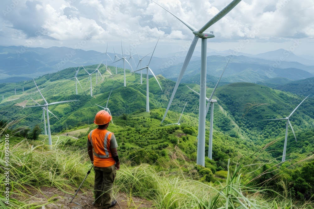 Majestic Morning Wind Farm: Engineer Surveys Turbine Field Majestic Morning Wind Farm: Engineer Surveys Turbine Field