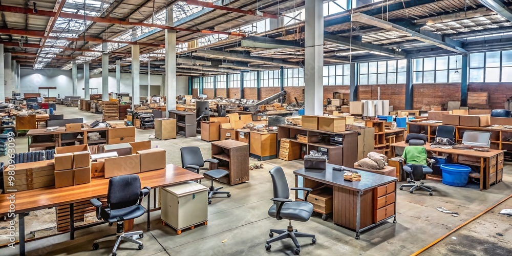 Rearranged second-hand office furniture in a cluttered warehouse in Penang, Malaysia, with desks, chairs, and shelves Rearranged second-hand office furniture in a cluttered warehouse in Penang, Malaysia, with desks, chairs, and shelves