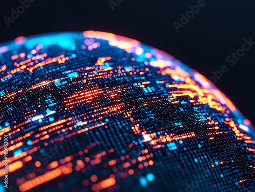 Abstract digital landscape featuring vibrant neon patterns and intricate lines representing data flow and technology.