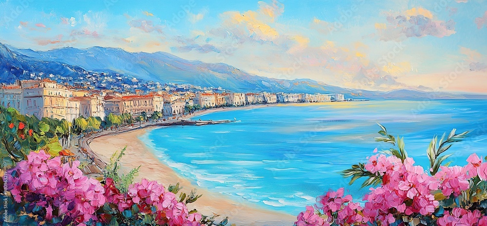 Obraz premium panoramic view of the city and beach in Nice, France at sunset with pink flowers in the foreground