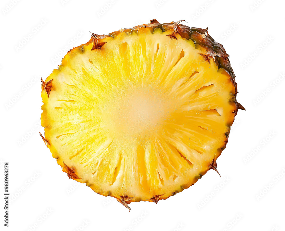A high-resolution image of a vibrant, juicy pineapple slice isolated on a transparent background. A high-resolution image of a vibrant, juicy pineapple slice isolated on a transparent background.