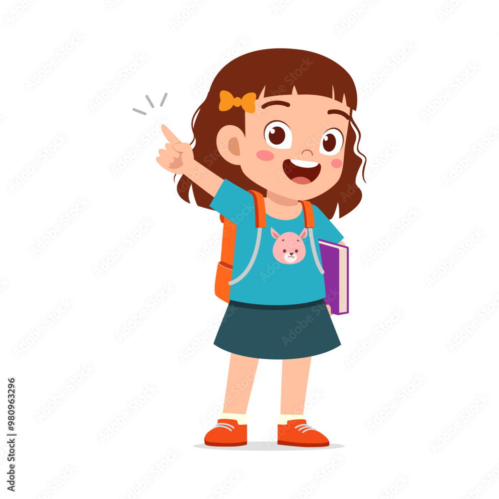 little kid showing pointing hand gesture and wearing backpack little kid showing pointing hand gesture and wearing backpack