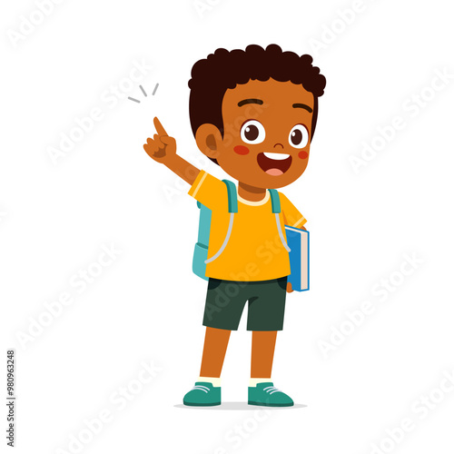 little kid showing pointing hand gesture and wearing backpack