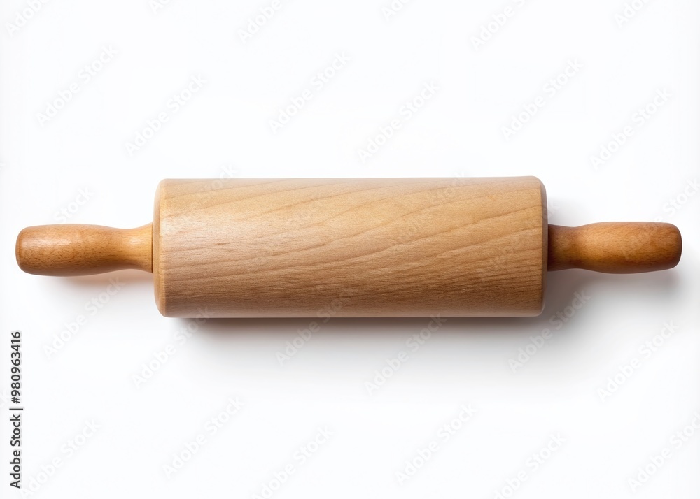 Wooden rolling pin with smooth surface and rounded handles lies isolated on a white transparent background, viewed from directly above in a minimalist flat lay composition. Wooden rolling pin with smooth surface and rounded handles lies isolated on a white transparent background, viewed from directly above in a minimalist flat lay composition.
