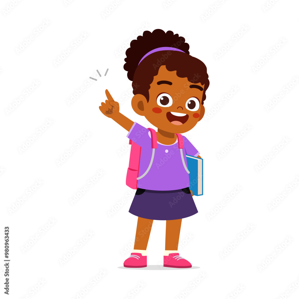 little kid showing pointing hand gesture and wearing backpack little kid showing pointing hand gesture and wearing backpack
