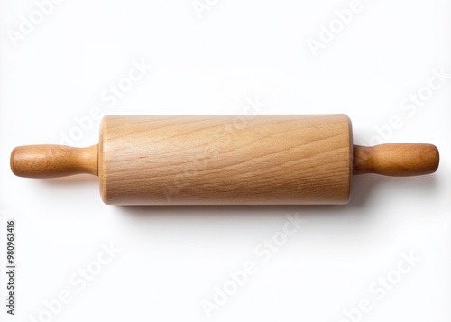 Wooden rolling pin with smooth surface and rounded handles lies isolated on a white transparent background, viewed from directly above in a minimalist flat lay composition.