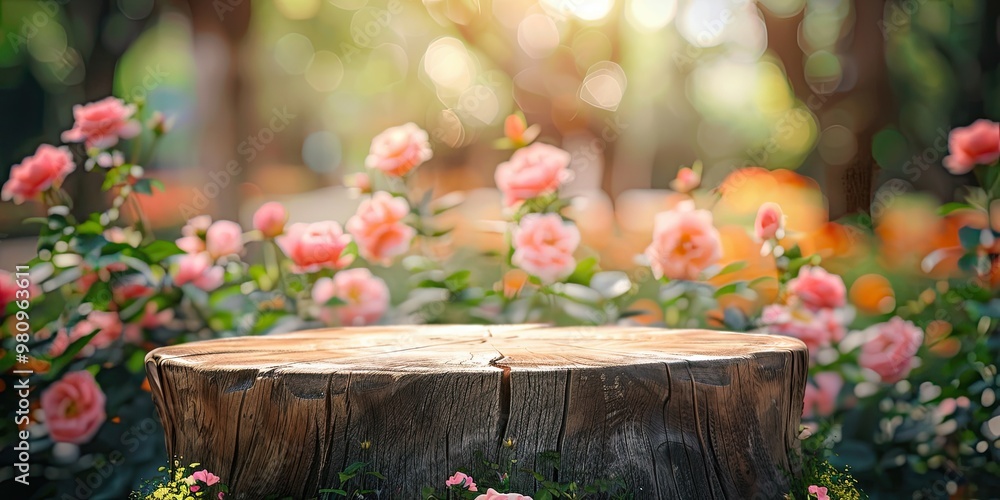 Empty old tree stump table top with blur rose garden background for product display Empty old tree stump table top with blur rose garden background for product display