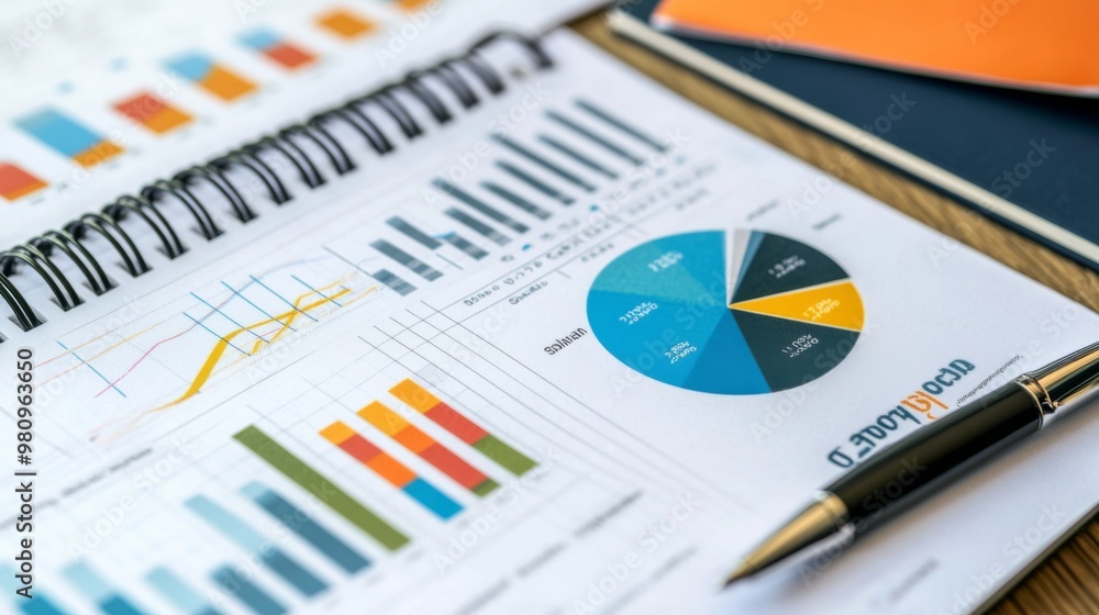 A detailed shot of a financial report featuring multiple pie charts, showing various aspects of revenue and expenses, laid out on a desk with a pen and notebook. A detailed shot of a financial report featuring multiple pie charts, showing various aspects of revenue and expenses, laid out on a desk with a pen and notebook.
