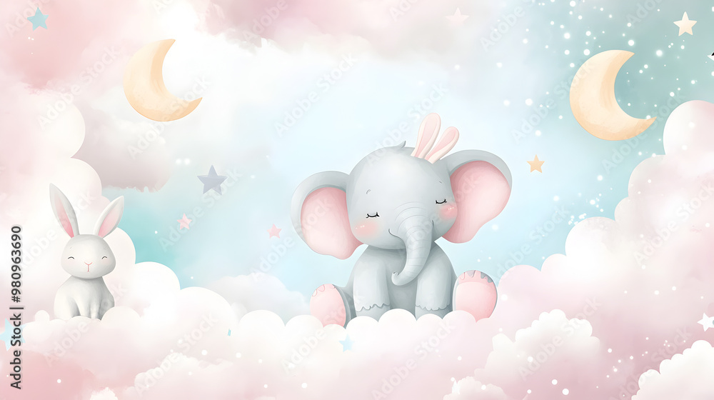 un elefante bebe sobre nubes de color rosa pastel con estrellas y lunas y un conejo bebe con espacio de copia cuadro decorativo o invitacion o tarjeta para celebracion un elefante bebe sobre nubes de color rosa pastel con estrellas y lunas y un conejo bebe con espacio de copia cuadro decorativo o invitacion o tarjeta para celebracion