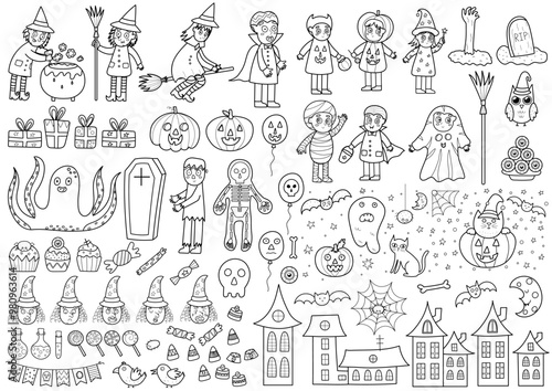 Halloween elements black and white set. Big collection with witches, kids in costumes, vampire, zombi, etc. Halloween clipart bundle in outline. Vector illustration
