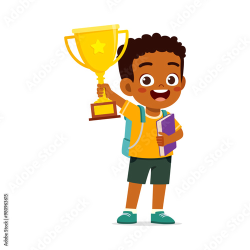 little kid holding golden trophy and wearing backpack