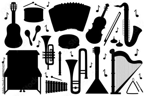 Musical instruments silhouettes collection. Set with music objects shadows with guitar, piano, drum, violin and more. Vector illustration