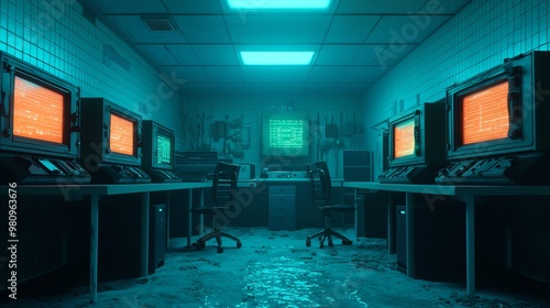 Abandoned tech room with glowing screens and wires, evoking a mysterious atmosphere and nostalgia for retro technology.